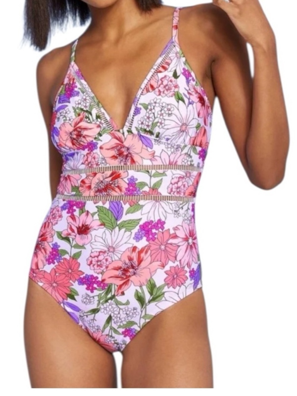 Floral One Piece Swimsuit V Neck Lace Detail Summer Bathing Suit Size Large